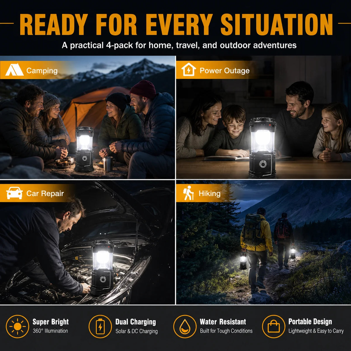 4 Pack LED Camping Lantern, Solar and Rechargeable Lantern Flashlight Collapsible and Portable Light for Camp/Hiking/Emergency/Hurricanes/Storm