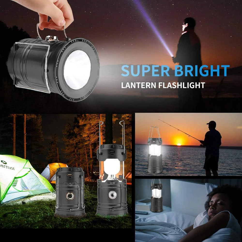 Solar Camping Lantern Collapsible LED Solar USB Rechargeable Lantern Flashlight Emergency Hanging Lights for Outdoor Camping